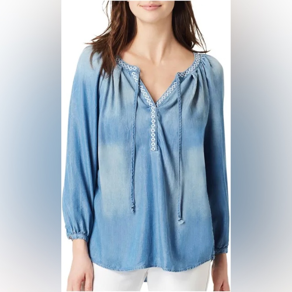Vintage America Blues Chambray Long Sleeve Blouse, Large